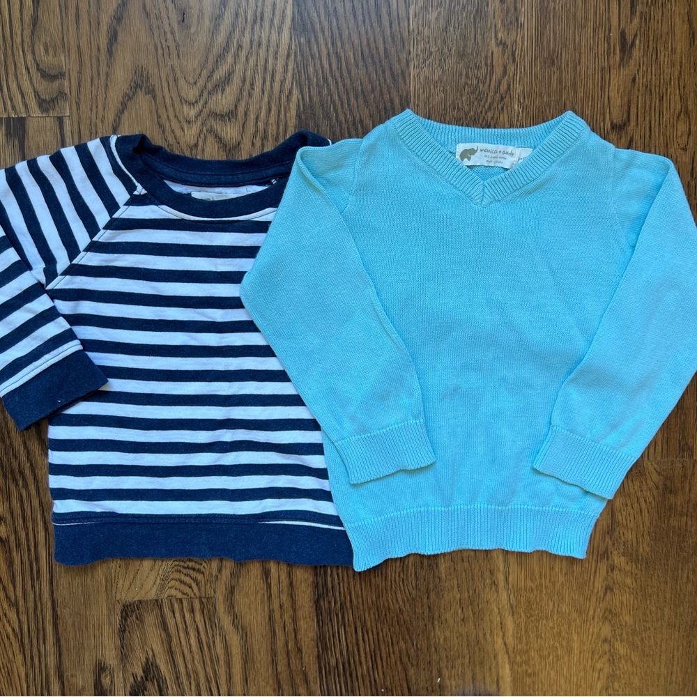 Monica & Andy Set of Sweaters - turquoise and navy stripes